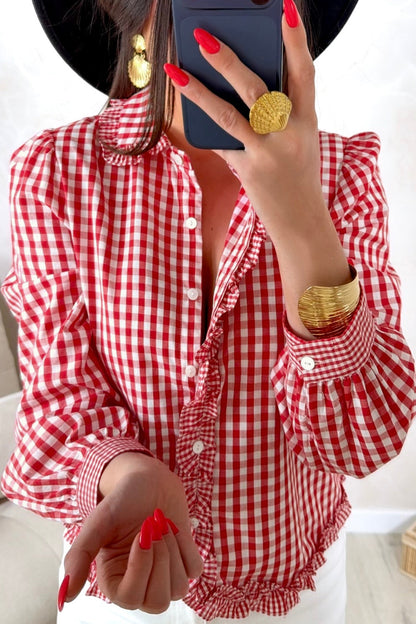Gingham Plaid Ruffle Button Down Shirt Puff Sleeve