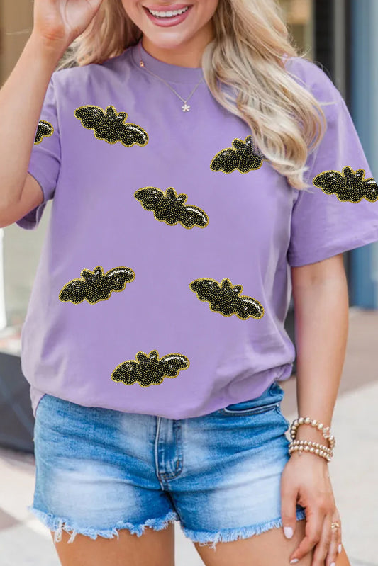 Purple Sequin Halloween Bat Graphic Casual T Shirt