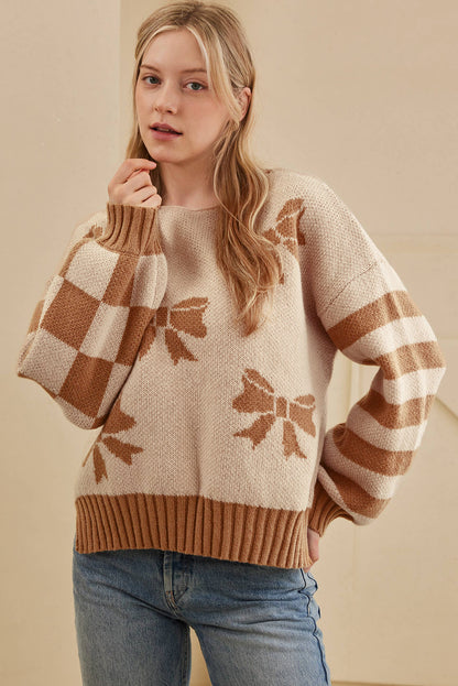 Bow Print Checkered Stripe Sleeve Drop Shoulder Sweater