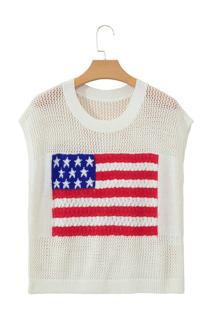 Blue American Flag Knit Short Sleeve Sweater Top