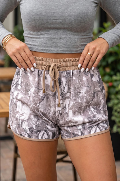 Khaki Western Camo Print Drawstring Active Lounge Shorts