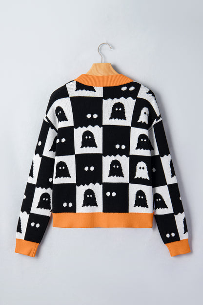 Halloween Ghost Print Open Front Knit Cardigan
