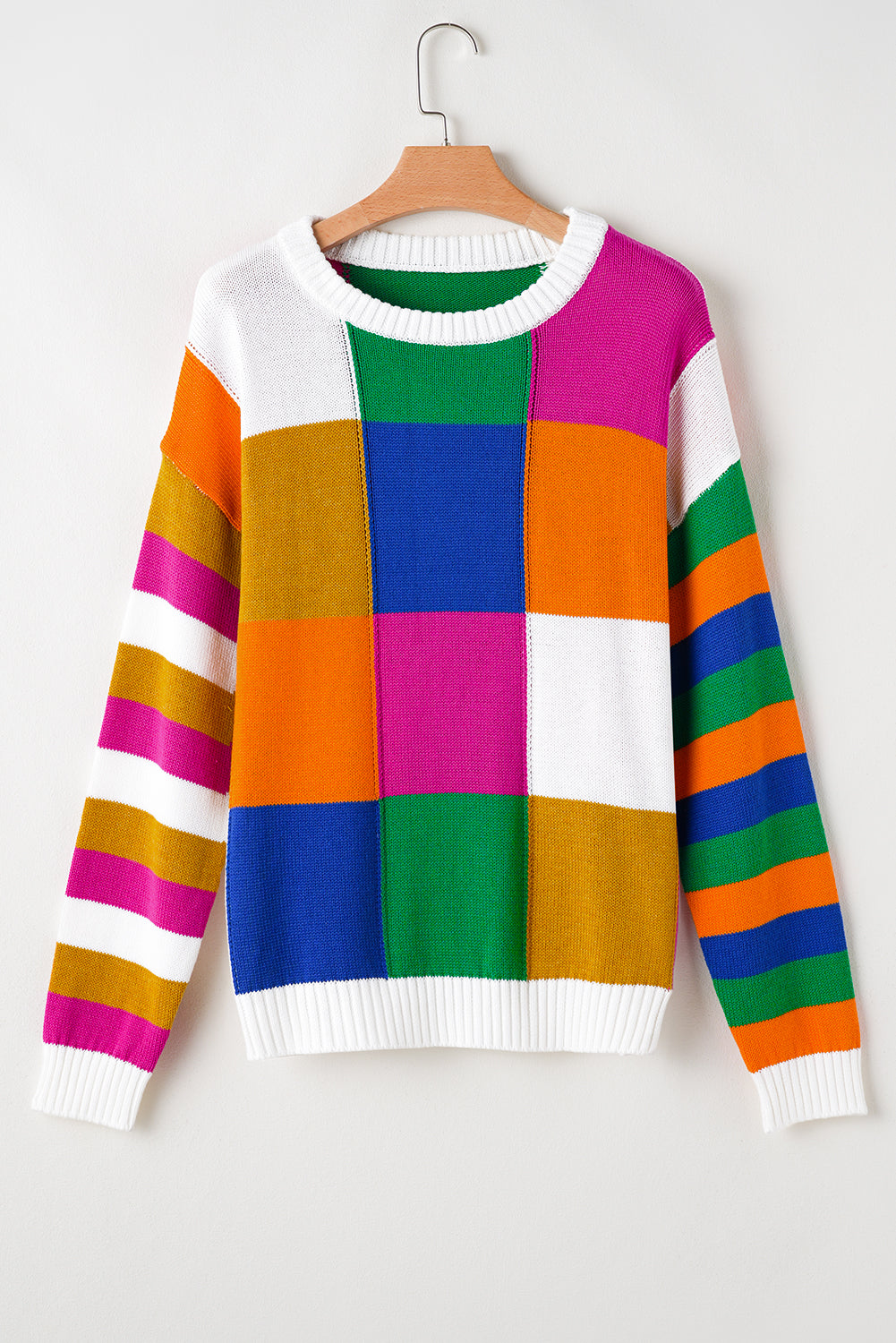 Orange Checkered Color Block Round Neck Loose Sweater