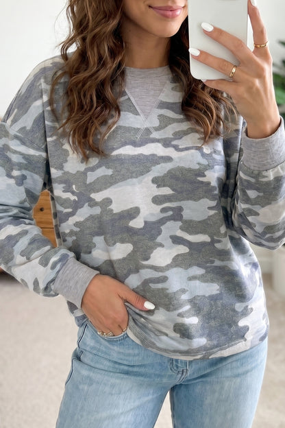 Grey Camouflage Long Sleeve Crew Neck Casual Pullover Top