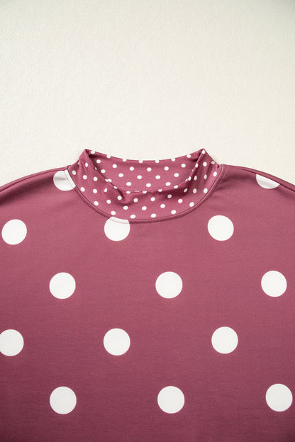 Pink Polka Dot Print Contrast Detail Oversized Tunic Sweatshirt
