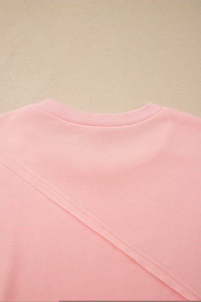 Pink Colorblock Striped Patchwork Long Sleeve Round Neck Top