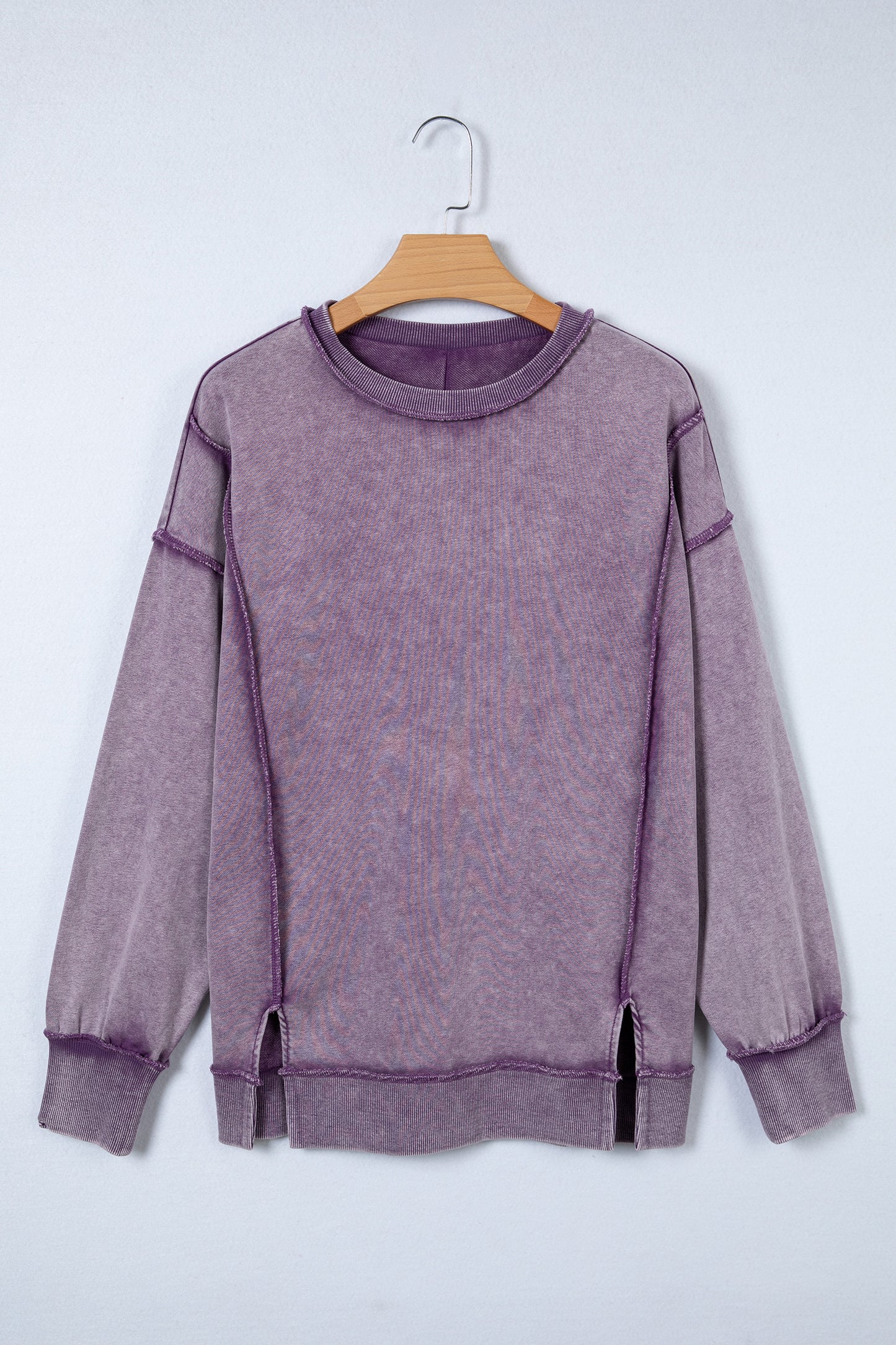 Mineral Wash Exposed Seam Sweatshirt Side Slit Casual Pullover