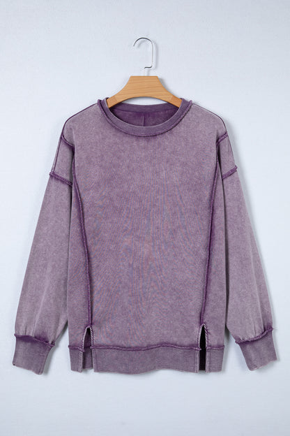 Mineral Wash Exposed Seam Sweatshirt Side Slit Casual Pullover