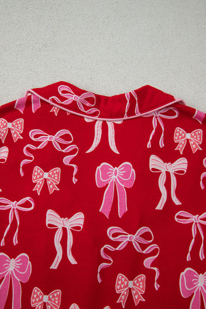 Valentine Red Bow Print Ruffle Pajama Shorts Set for Women