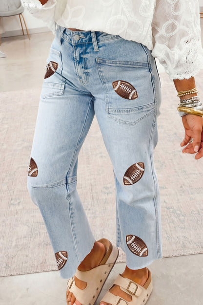 Game Day Sequin Football Patch Wide Leg Raw Hem Jeans