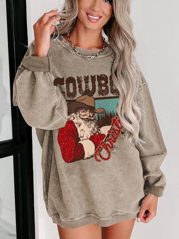 Cowboy Christmas Santa Graphic Corded Knit Sweatshirt