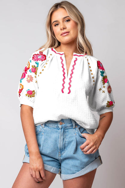 Floral Embroidered Ricrac Puff Sleeve Textured Blouse