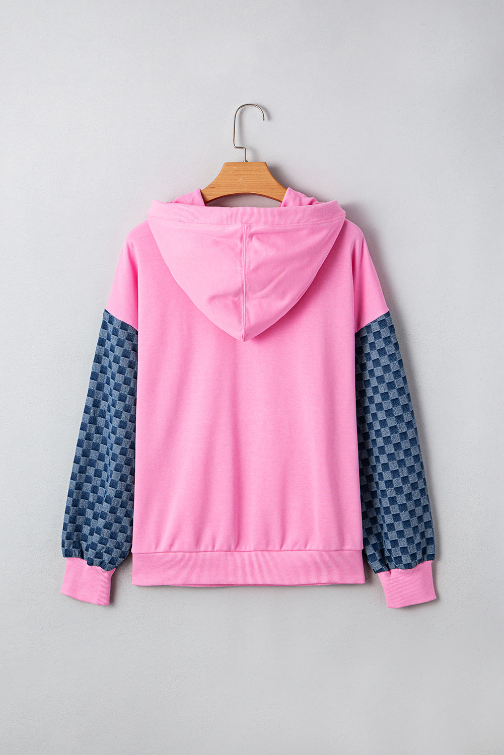 Bonbon Checkered Patchwork Half Zip Hoodie with Pocket