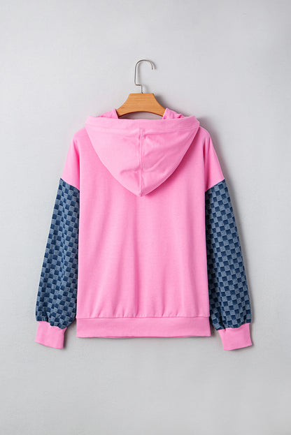 Bonbon Checkered Patchwork Half Zip Hoodie with Pocket
