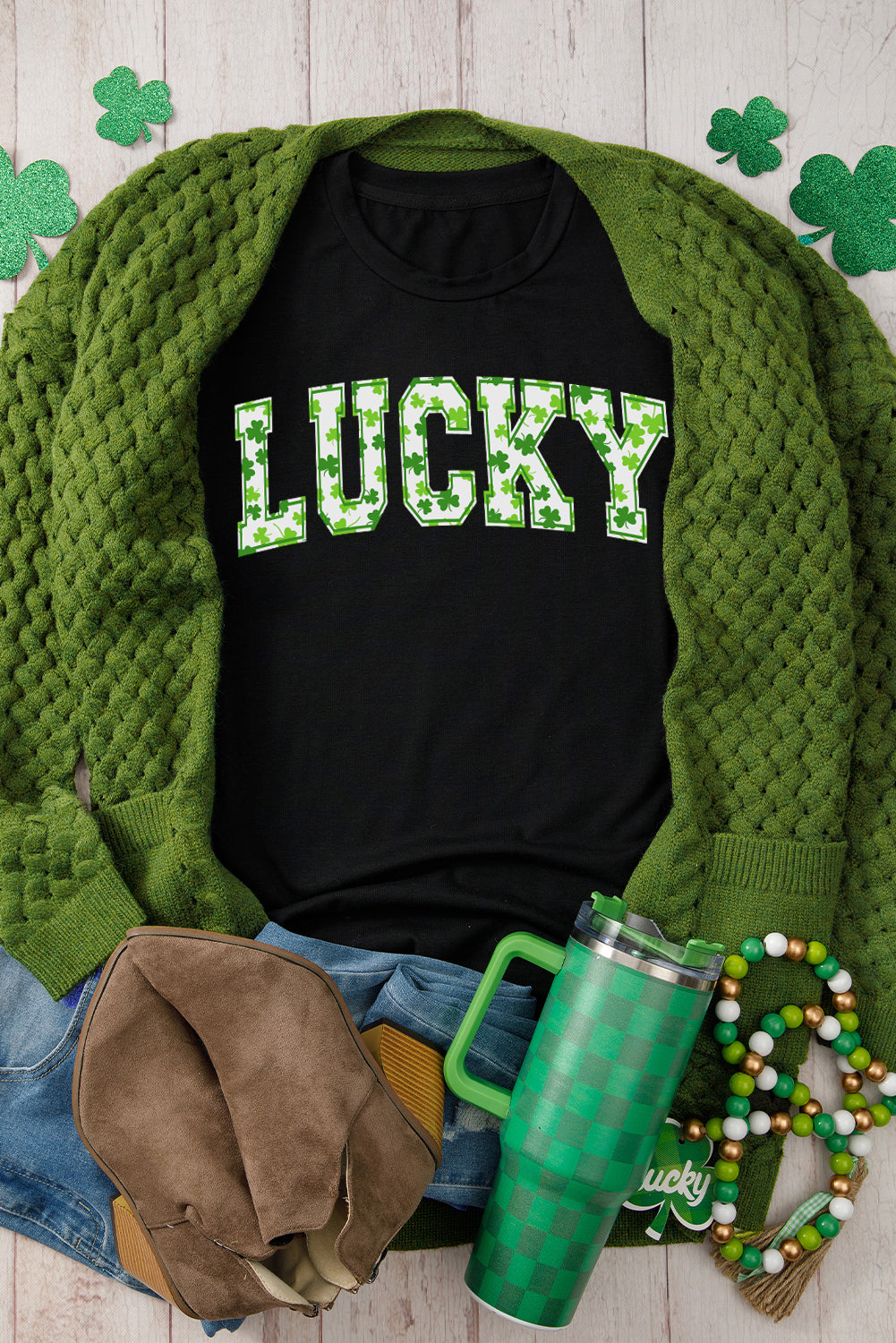 Black LUCKY Shamrock Print Graphic St Patrick’s Day Tee