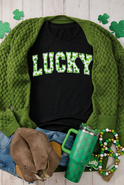 Black LUCKY Shamrock Print Graphic St Patrick’s Day Tee