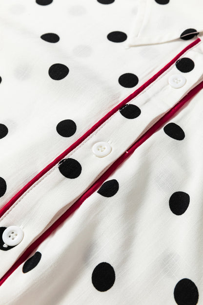 White Polka Dot Contrast Trim Button Up Blouse