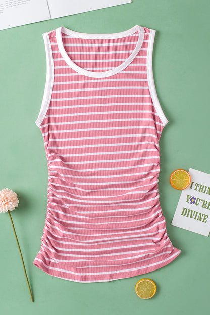 Pink Stripe Contrast Round Neck Sleeveless Slim Top