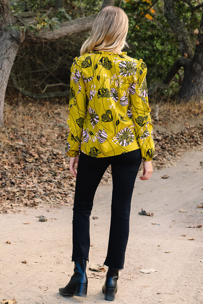 Yellow Vintage Floral V Neck Ruffle Long Sleeve Blouse