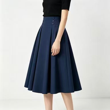 Women's High Waist Pleated A-Line Midi Skirt Button Detail