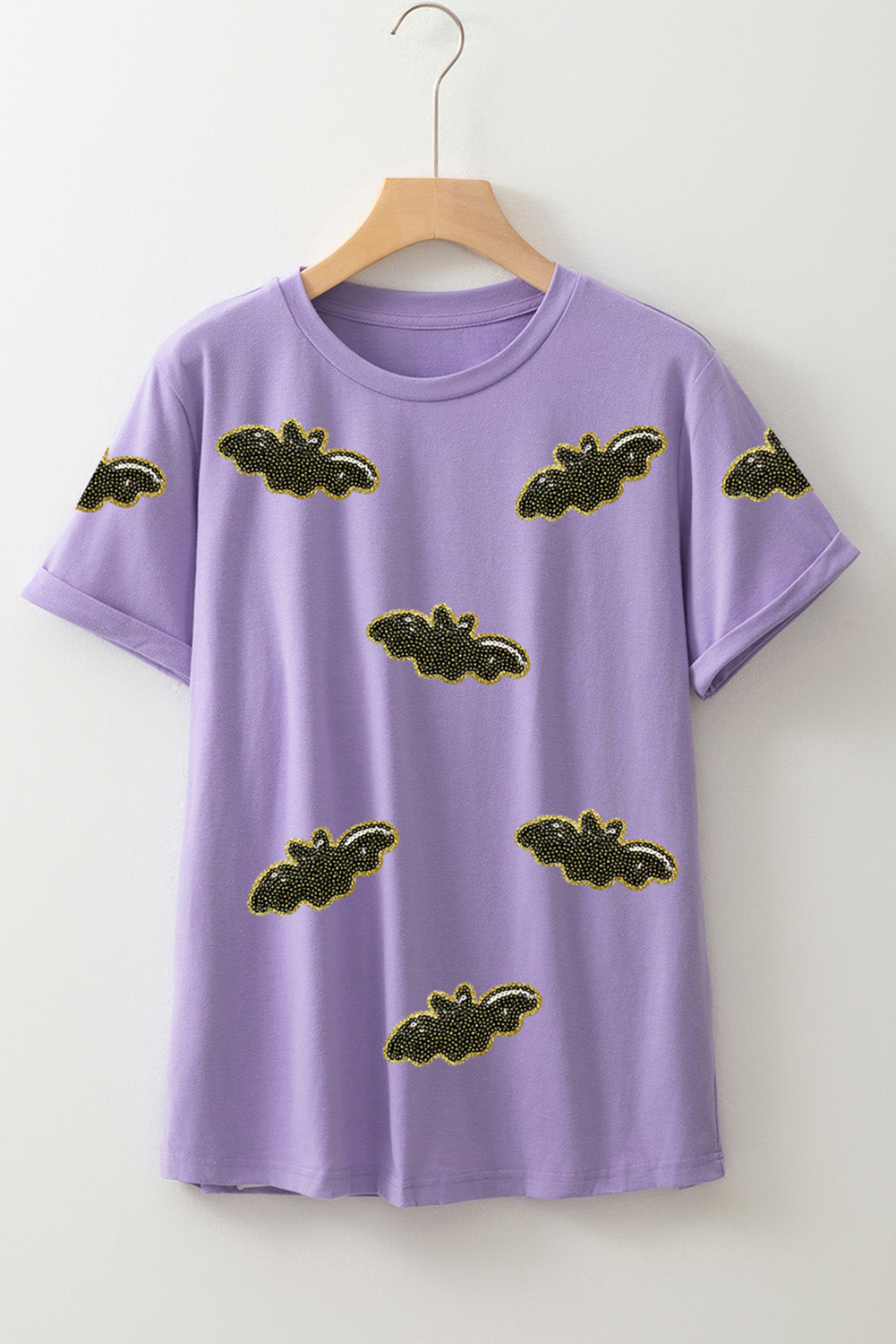 Purple Sequin Halloween Bat Graphic Casual T Shirt
