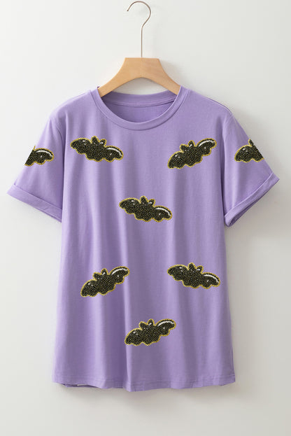 Purple Sequin Halloween Bat Graphic Casual T Shirt