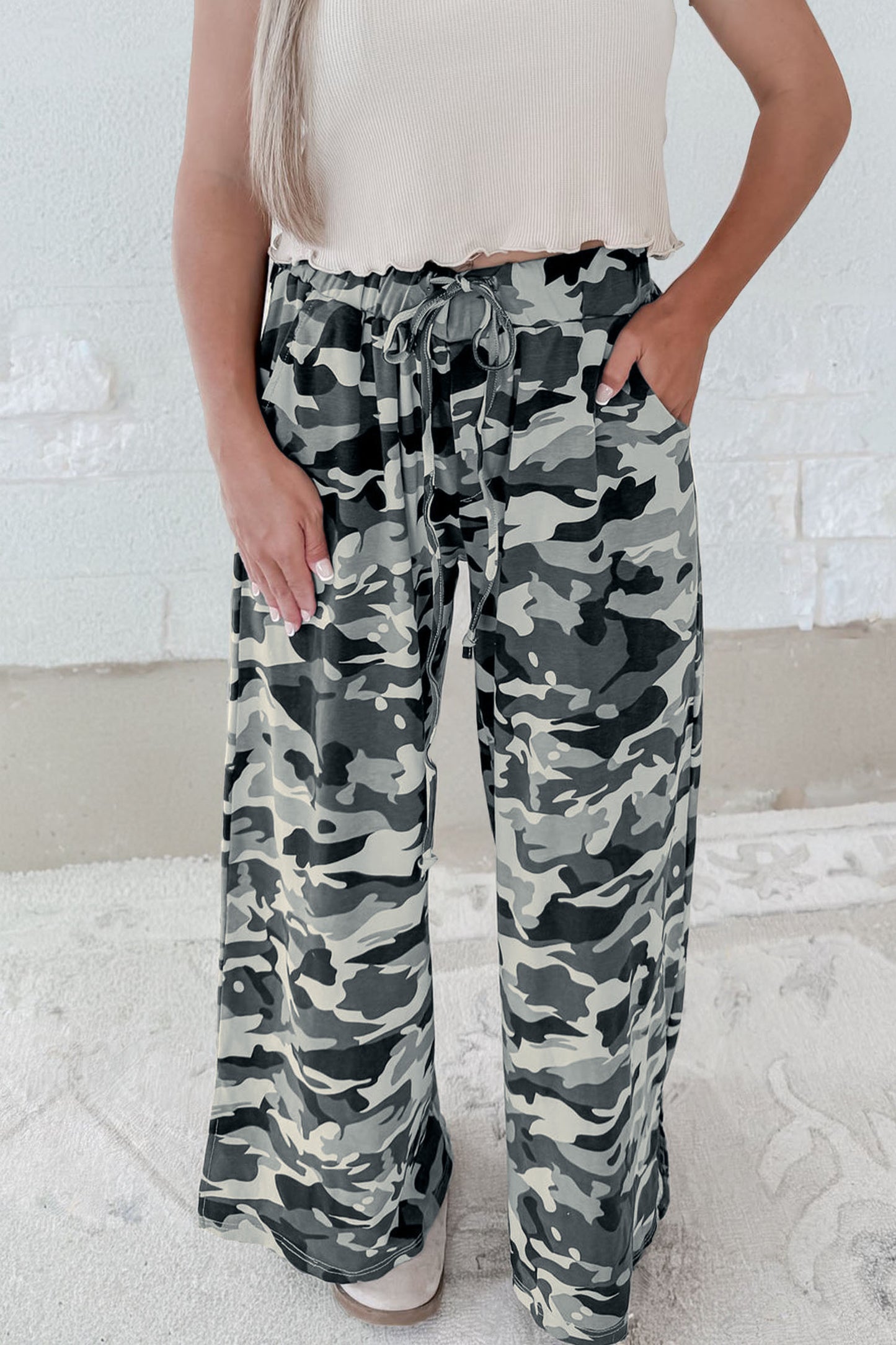 Green Western Camouflage Print Drawstring Casual Pants