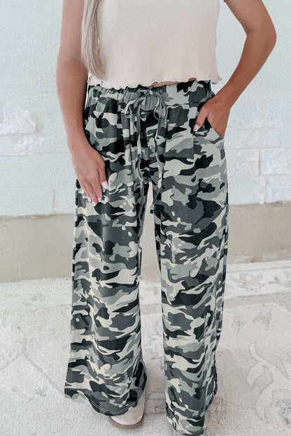 Green Western Camouflage Print Drawstring Casual Pants