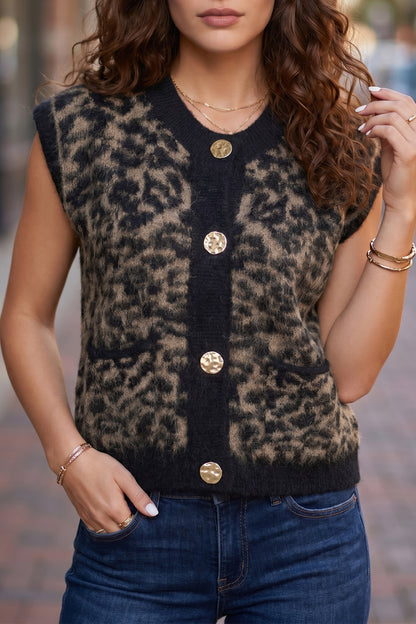 Western Leopard Print Knit Sweater Vest Button Cardigan