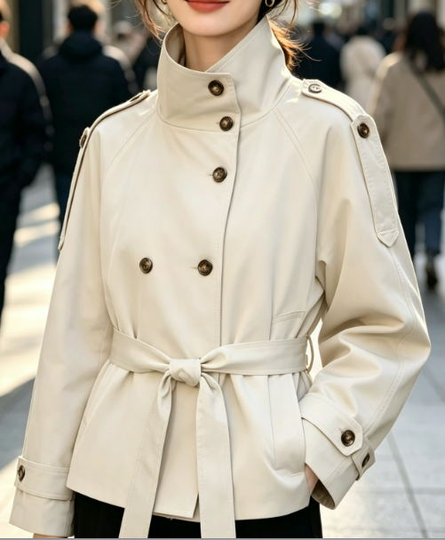 Women Double Breasted Belted Cropped Trench Coat