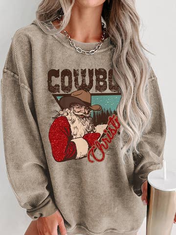Cowboy Christmas Santa Graphic Corded Knit Sweatshirt