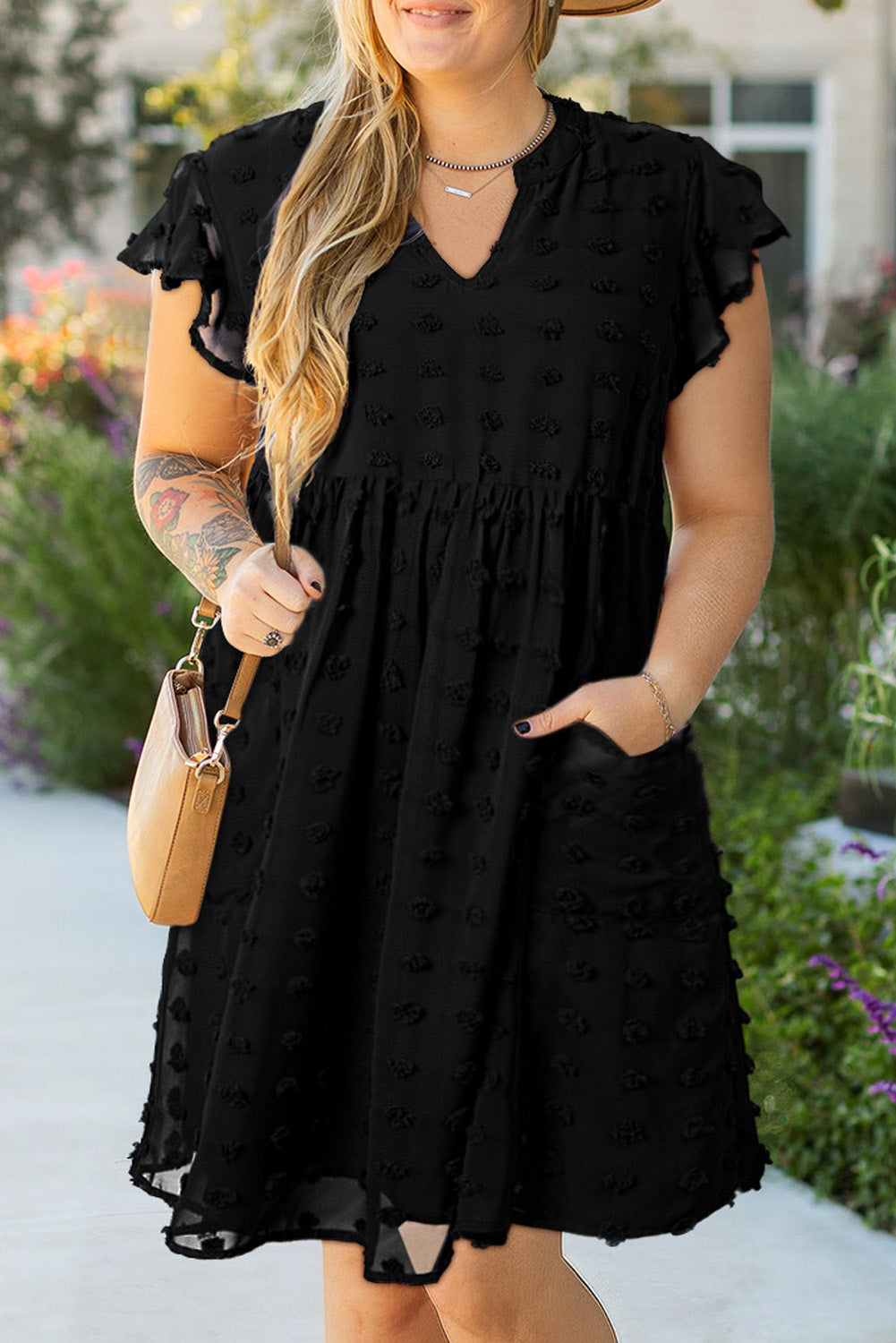 Navy Blue Dotty Textured Notched Neck Plus Ruffled Dress