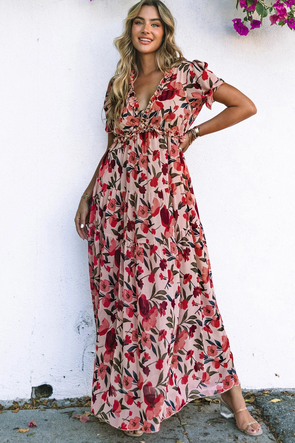 Sky Blue Floral V Neck Ruffle Short Sleeve Maxi Dress