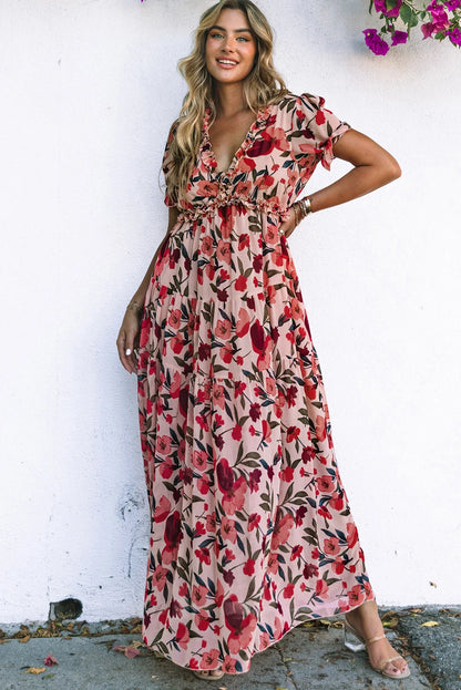 Sky Blue Floral V Neck Ruffle Short Sleeve Maxi Dress
