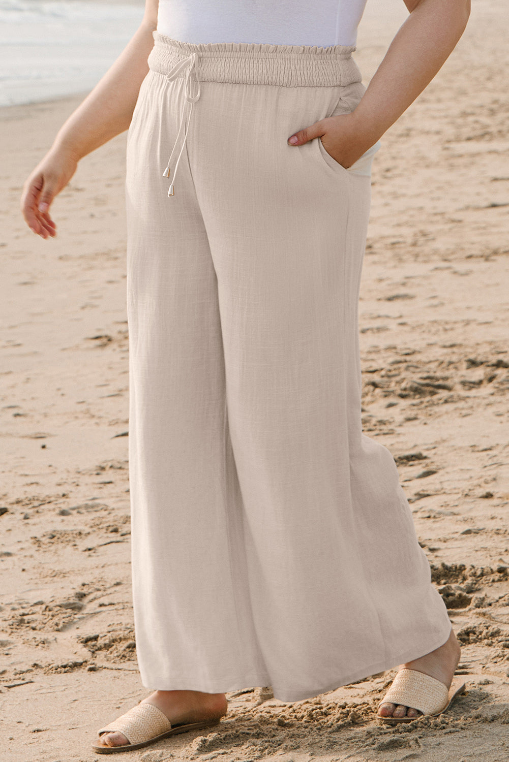 Beige Smocked Waist Wide Leg Flow Pants Plus Size