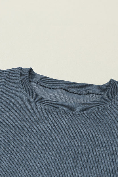 Customizable Solid Ribbed Knit Round Neck Casual PulloverSweatshirt
