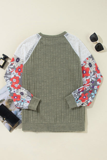 Parchment Floral Patchwork Long Sleeve Ribbed Blouse