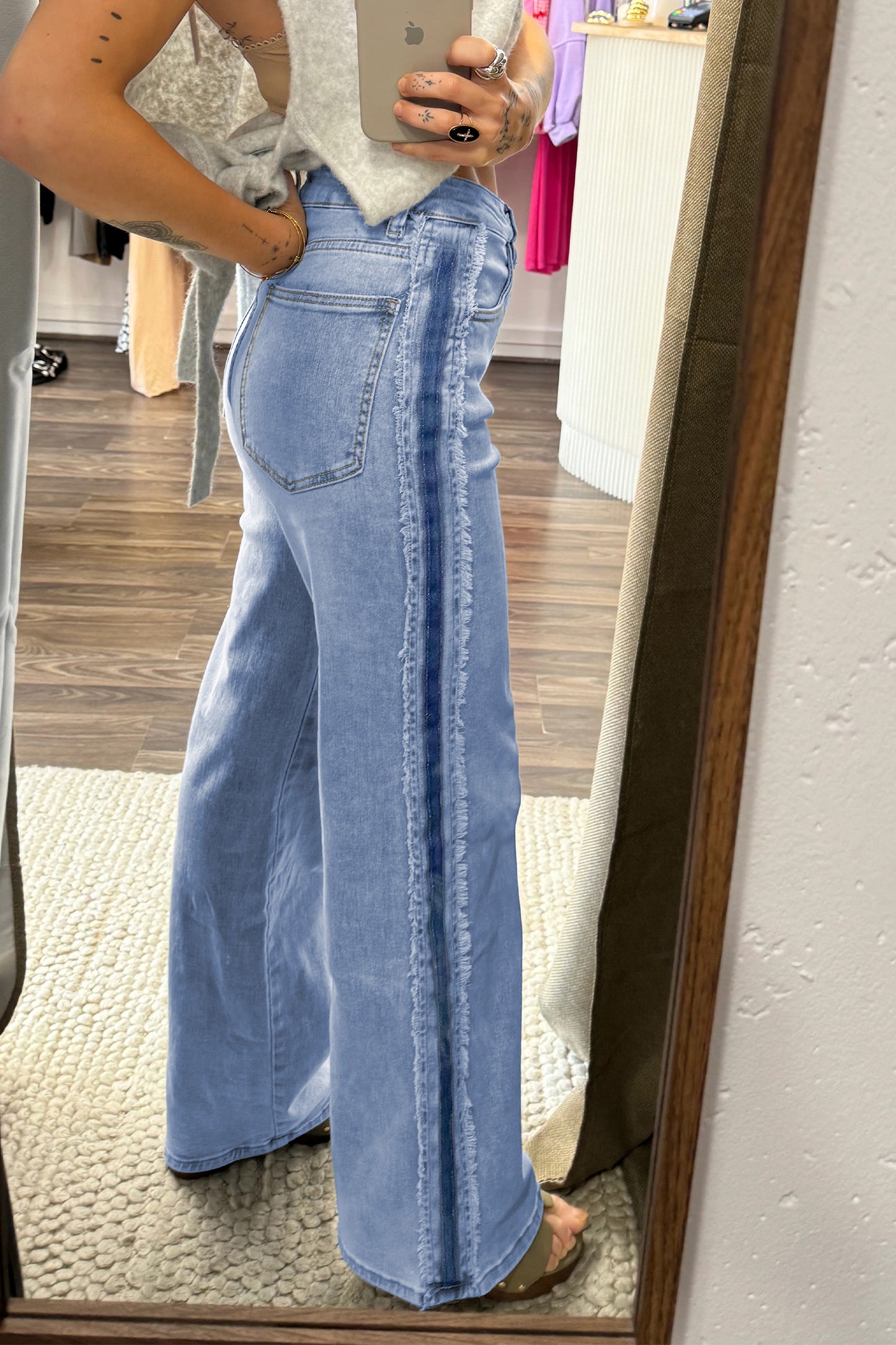 Beau Blue Contrast Stripe Patchwork Frayed Jeans