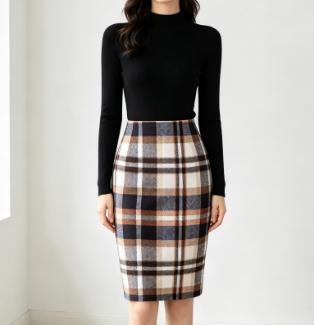 Women's Plaid High Waisted Midi Pencil Skirt Fall Winter
