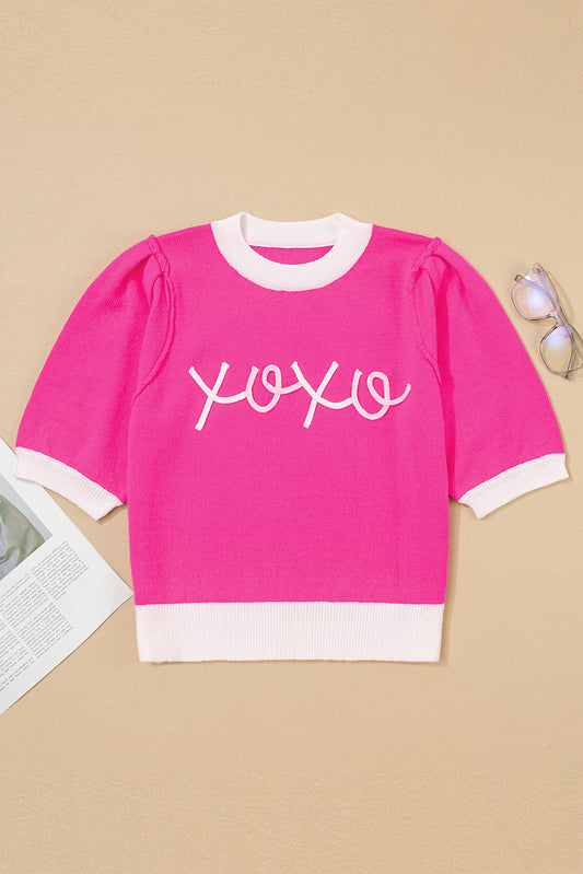 Bright Pink XOXO Puff Sleeve Contrast Knit Valentine Sweater Top