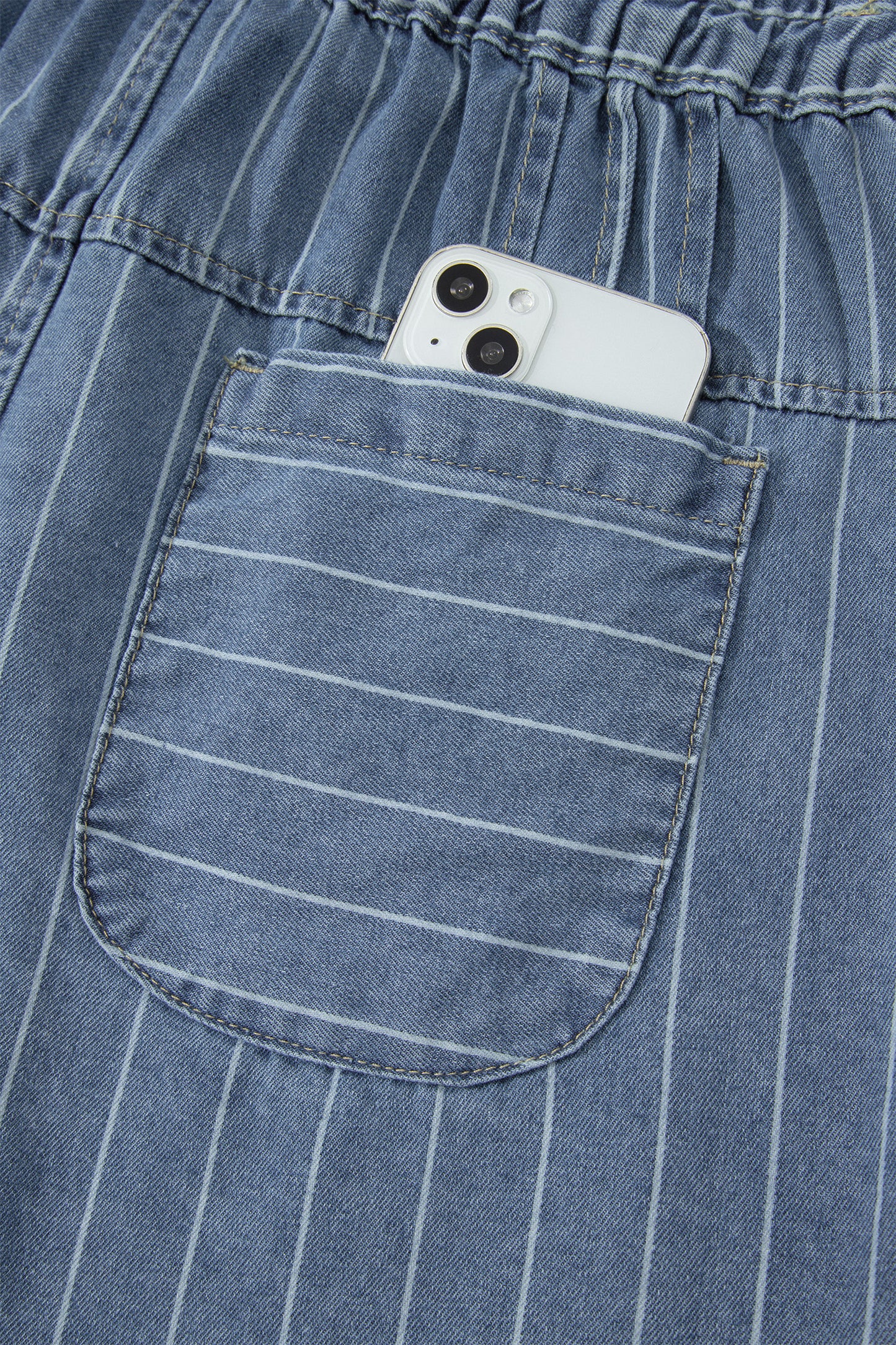 Sky Blue Stripe High Waist Button Denim Shorts Drawstring