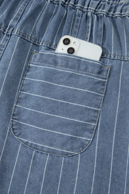 Sky Blue Stripe High Waist Button Denim Shorts Drawstring