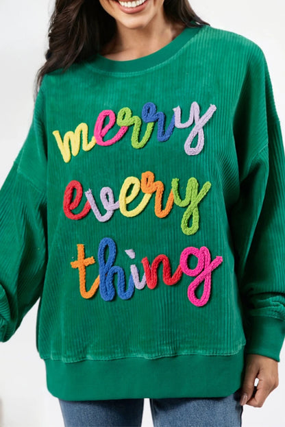 merry little thing Corded Letter Graphic Ribbed Loose Sweatshirt