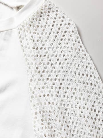 White Crochet Sleeve Crew Neck Summer Knit Tee Women