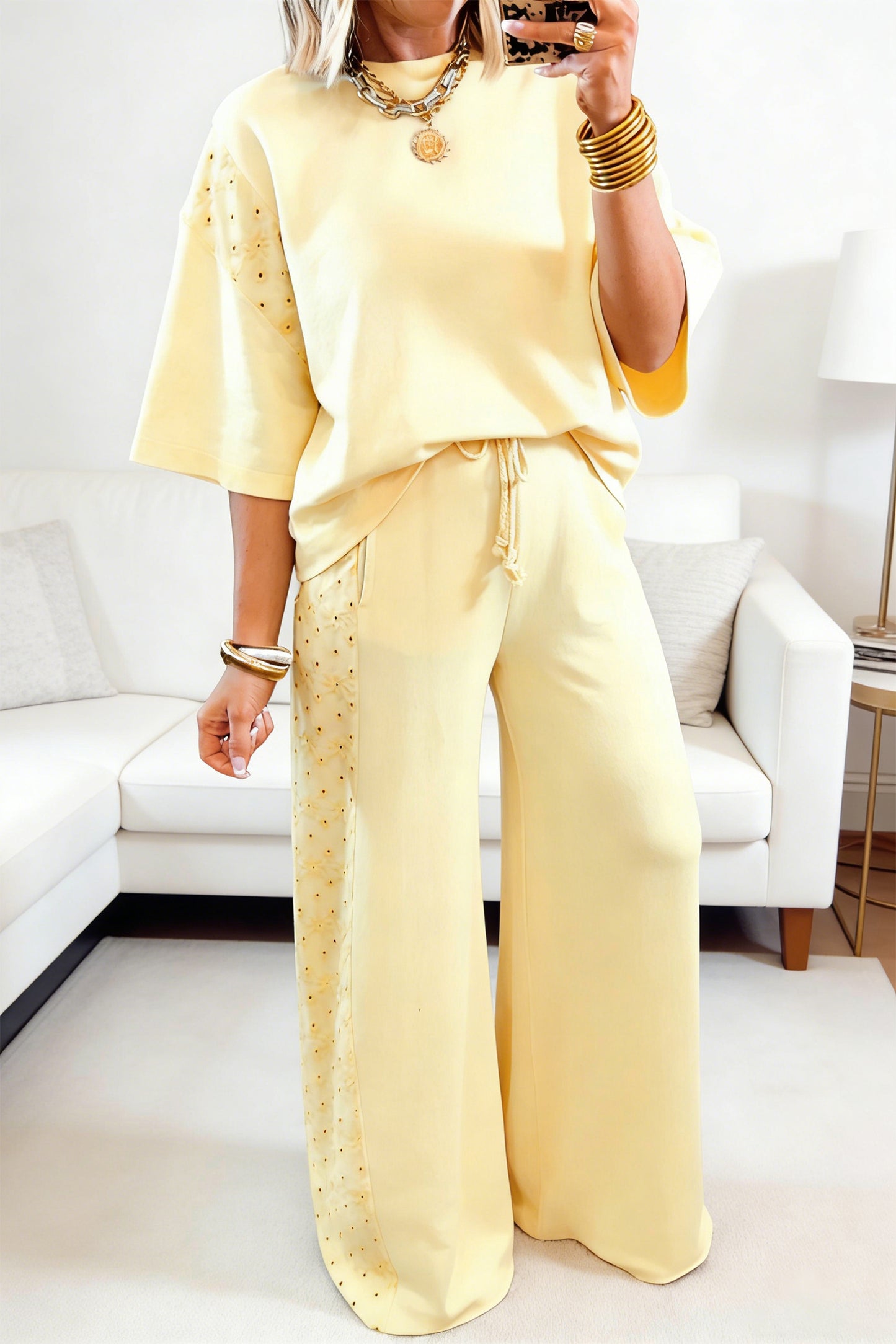 Yellow Eyelet Lace Lounge Set Oversized Tee Pants