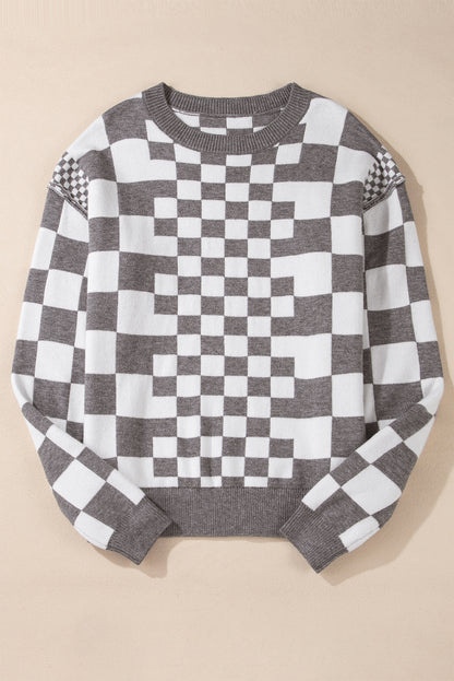 Gray Checkered Print Drop Shoulder Round Neck Sweater