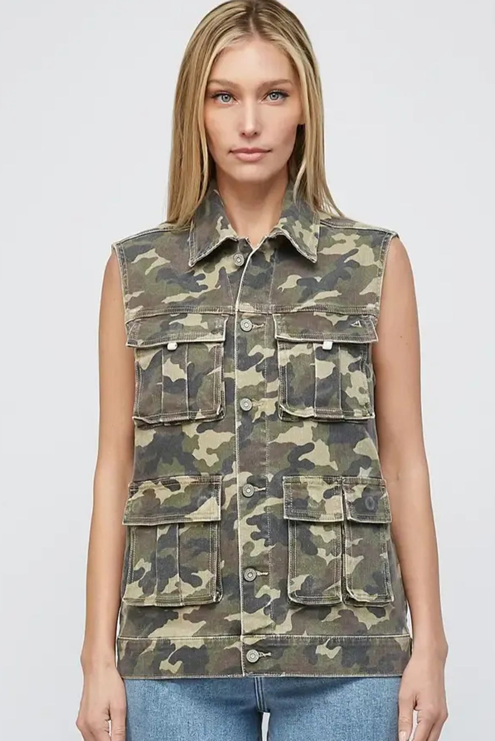Camo Cargo Button Down Denim Vest with Utility Pockets