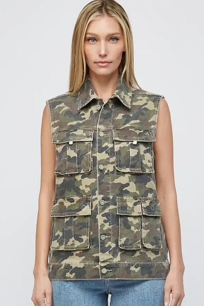Camo Cargo Button Down Denim Vest with Utility Pockets
