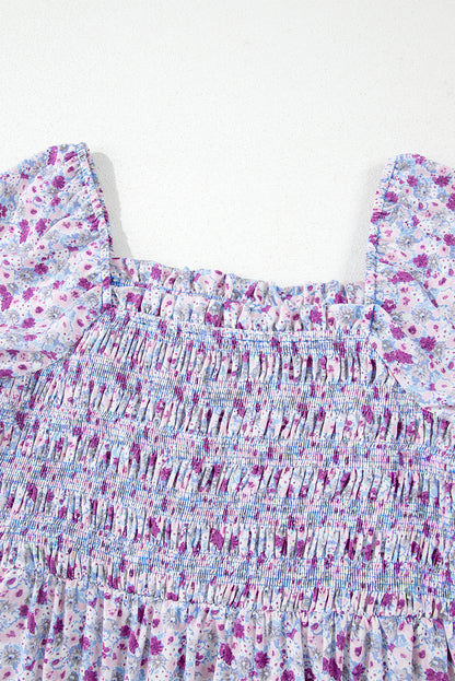 Purple Floral Off Shoulder Smocked Maxi Dress
