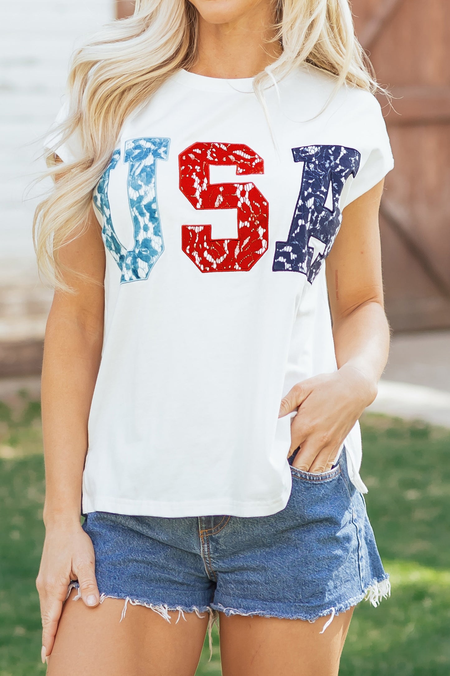 USA Lace Letter Dolman Tee Flag Day July 4th Top
